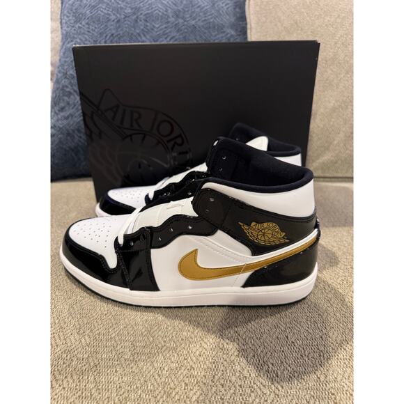 Sz 10 - Jordan 1 Mid Patent Black White Gold - Picture 3 of 7